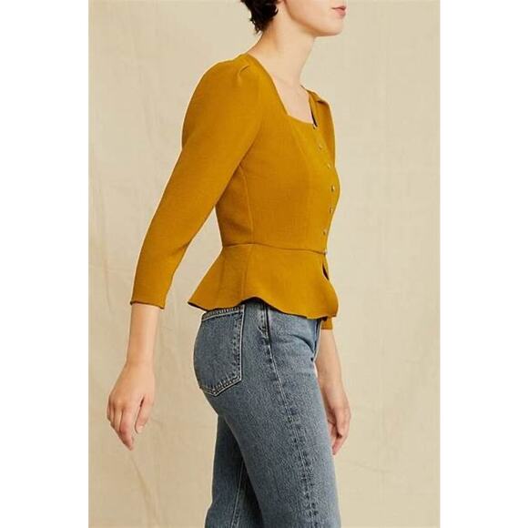 Amour Vert Nadja Mustard Yellow Square Neck Button Front Cropped Peplum Top M - Picture 2 of 13